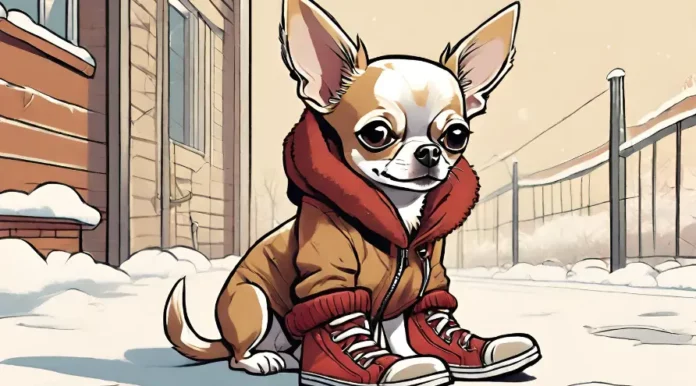 Perro con botas de invierno de pie en la nieve para proteger sus patas del hielo y la sal.